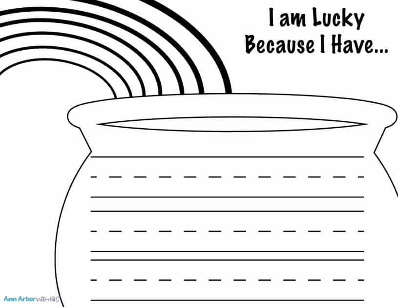 I am Lucky Because I have - St Patrick's Day Writing Prompt template for preschoolers - pot of gold with rainbow for coloring and lines for writing