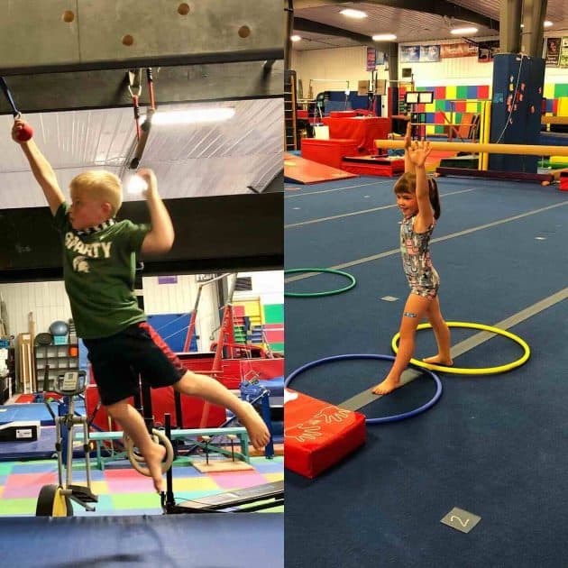 Champion Gymnastics - 2 image collage. On the left a boy doing Ninja Warrior swings from handhold to handhold. On the right, a girl holds hands up with legs positioned in different hula hoops
