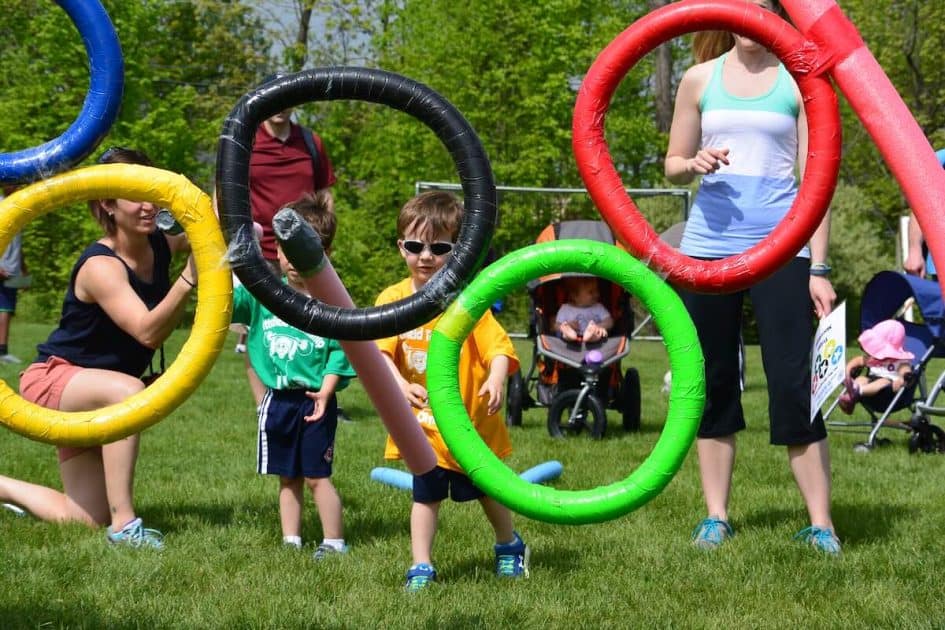 Pee Wee Olympics - "Olympic Rings" that kids are throwing pool noodles through