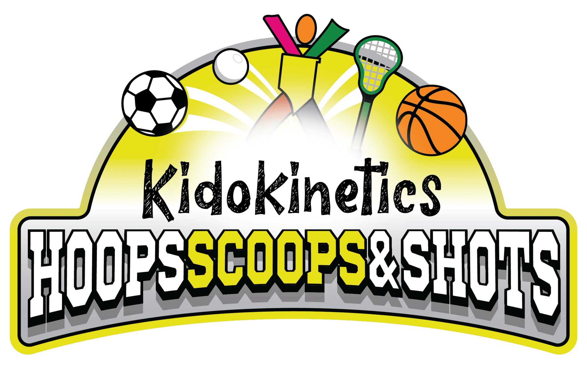 Kidokinetics - Hoops Scoops & Shots logo with soccer ball, small white ball, lacrosse stick, and basketball