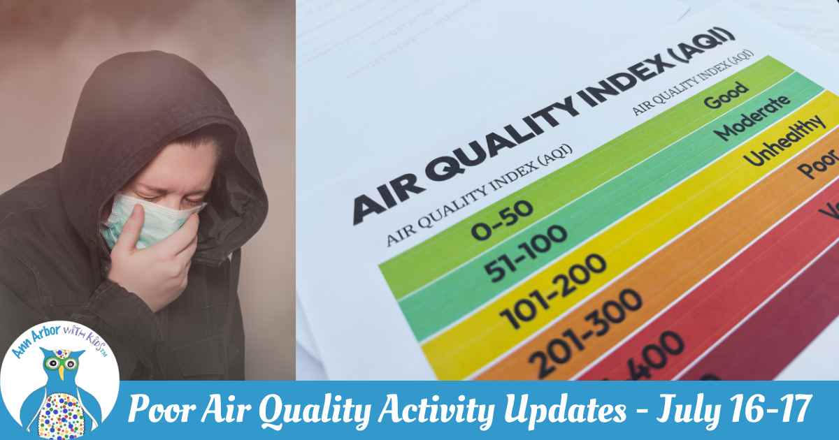 Poor Air Quality Activity Updates - July 16-17 - Person in hoody covers face with a mask in smoky room. Air Quality Index chart showing green to purple
