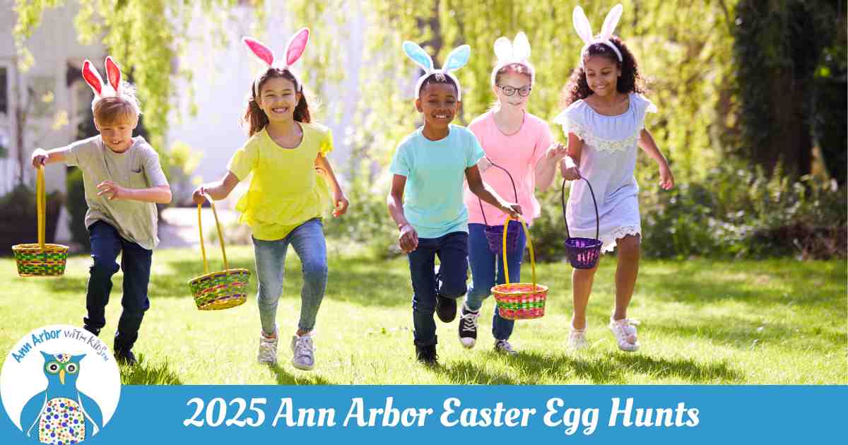 2025 Ann Arbor Easter Egg Guide - 5 kids wearing bunny headbands and carrying Easter baskets running through a yard to search for eggs