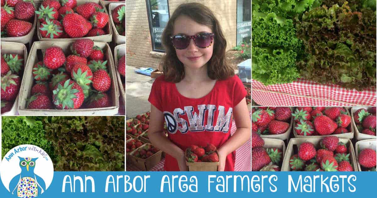 Ann Arbor Area Farmers Markets - 5 panes: strawberries & kale on farmers market tables. Girl holding pint of berries