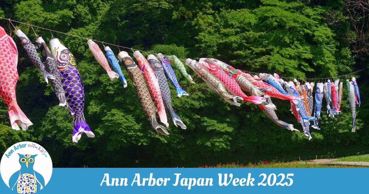 Ann Arbor Japan Week 2025 - carp streamers on a line in front of trees to celebrate Children's Day