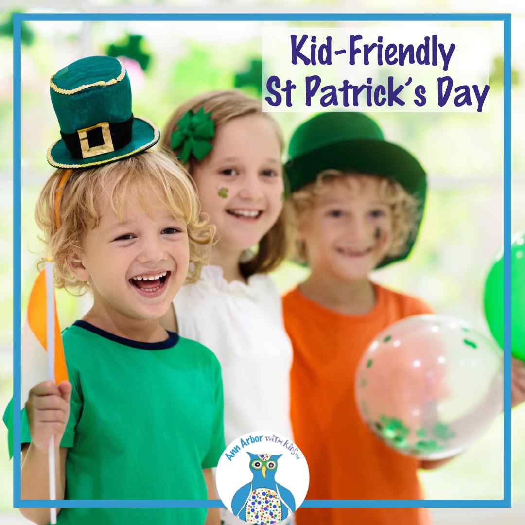 Kid-Friendly St Patrick's Day - three kids dressed for St Patrick's Day with hats and headband.