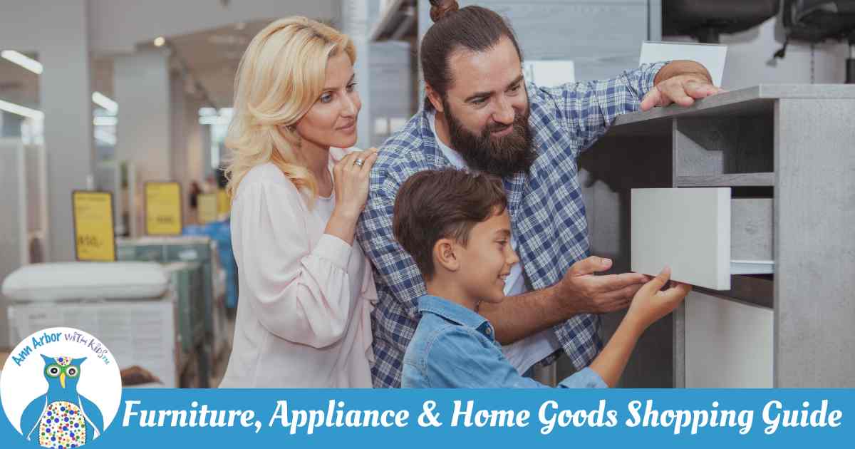 Furniture, Appliance & Home Goods Shopping Guide - a family looks at shelving with drawers with other ohme products bahind them.