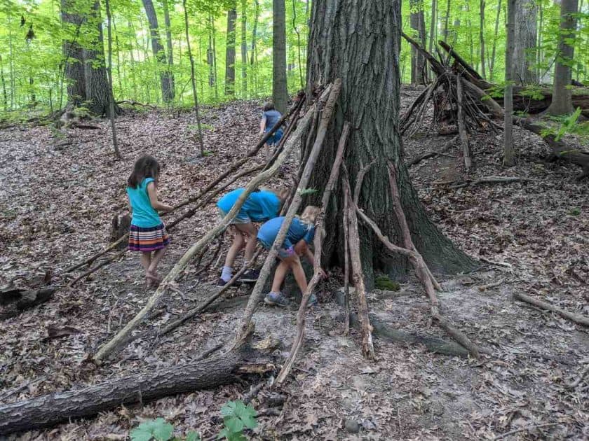 Apple Scouts - children enter a "fort" of tree limbs leaning on a tree.