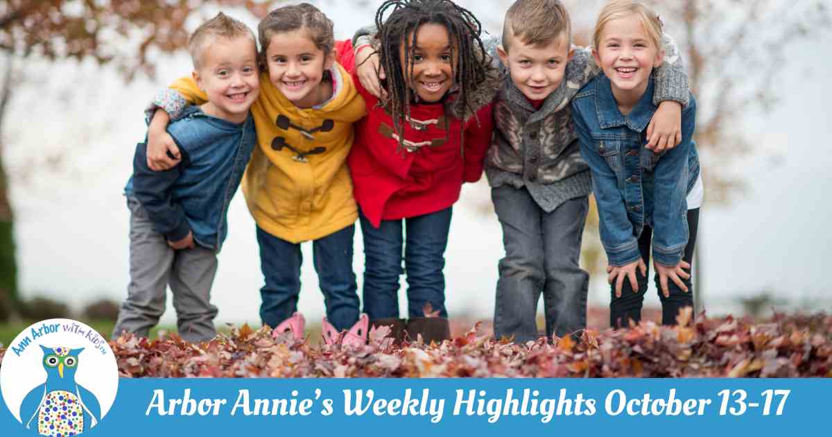 Arbor Annie's Weekly Highlights - October 13-17- Group of kids dressed for fall huddled up while standing in leaves.