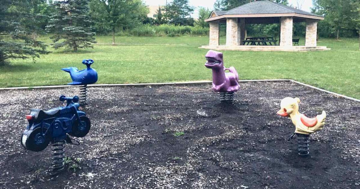 Dexter Community Park - Four Bouncers - dinosaur, motorcycle, duck, and whale