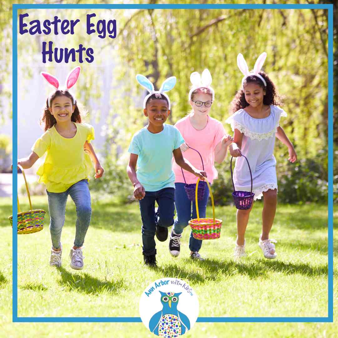Easter Egg Hunts - 4 kids wearing bunny headbands and carrying Easter baskets running through a yard to search for eggs