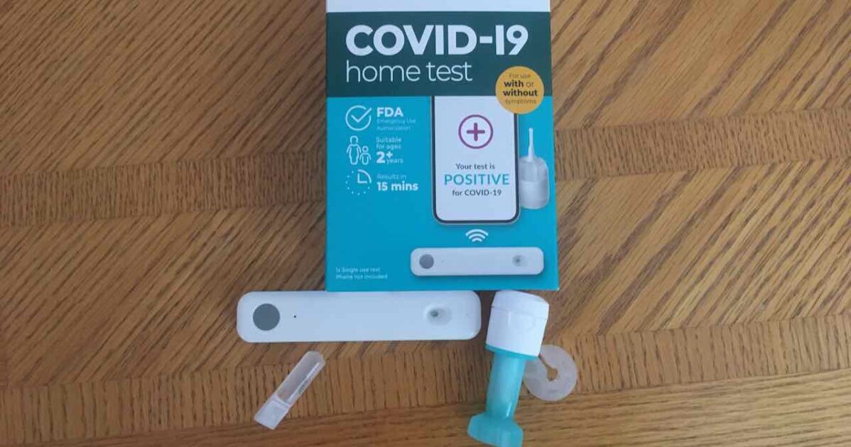 Ellume Home COVID Test - Box & Components - Analyzer, processing liquid, dropper & nasal swab after use