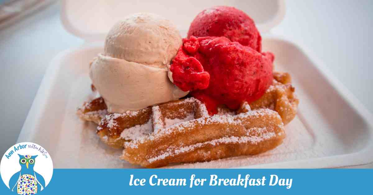 Ice Cream for Breakfast Day Near Ann Arbor - A scoop of vanilla and a dep red sorbet on top of a Belgian waffle