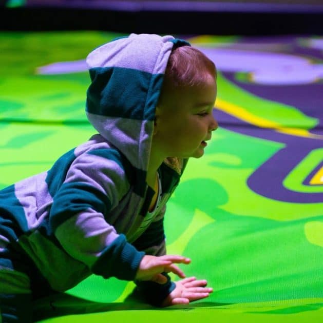 Launch Trampoline - Toddler in hoodie crawling on trampoline