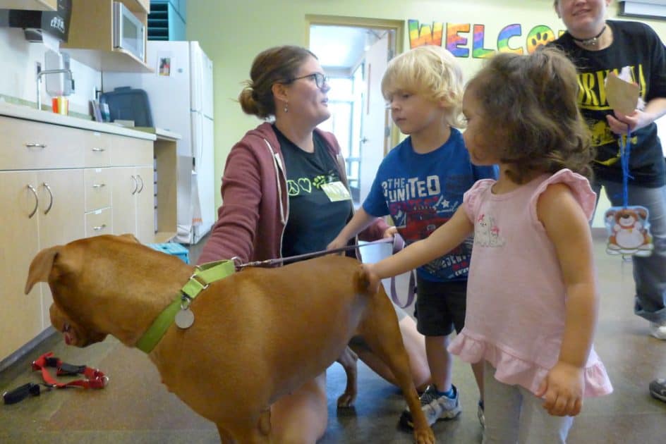 Little Paws Storytime at Humane Society of Huron Valley - Kids pet a dog while a volunteer looks on