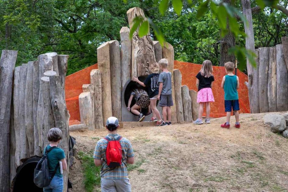 Leslie Science & Nature Center - Nature Playscape Kids lined up to go down tube slide