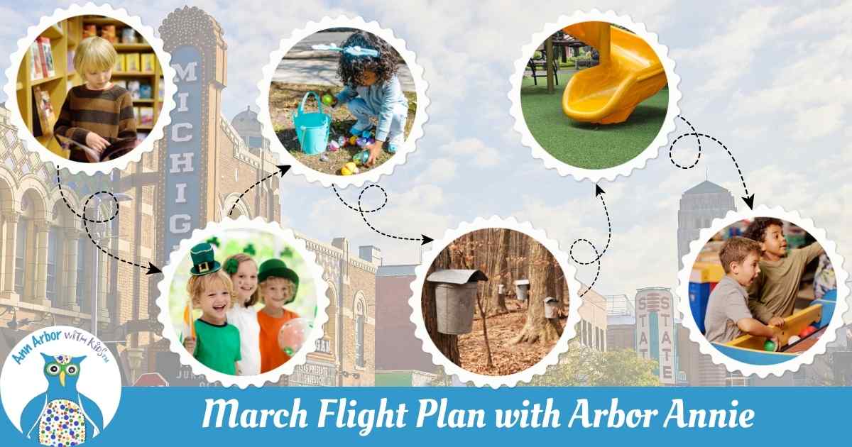 March Flight Plan with Arbor Annie - faded photo of Michigan theater & surrounding areas. circle insets connected by dotted lines representing the month's activities - boy reading in bookstore, kids celebrating St Patrick's Day, girl picking up Easter Eggs, maple sugar pails, slide on grass turf, kids at arcade