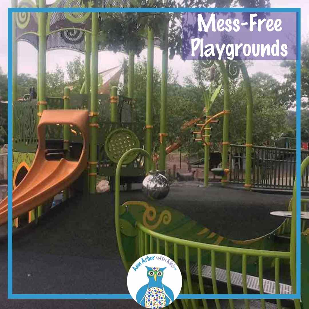 Mess Free Playgrounds - slide and other play structures on rubber mats at Gallup Park's Centennial Playground