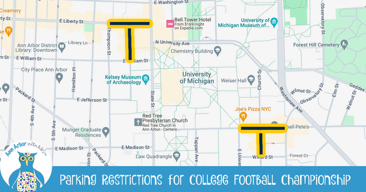 Map of Ann Arbor showing roads with parking restrictions during National Championship game