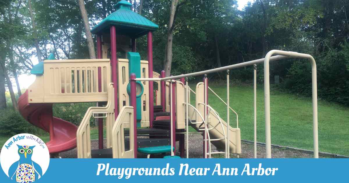 Playgrounds Near Ann Arbor - a play structure with floating islands, stairs, curved slide, and a covered platform in front of woods