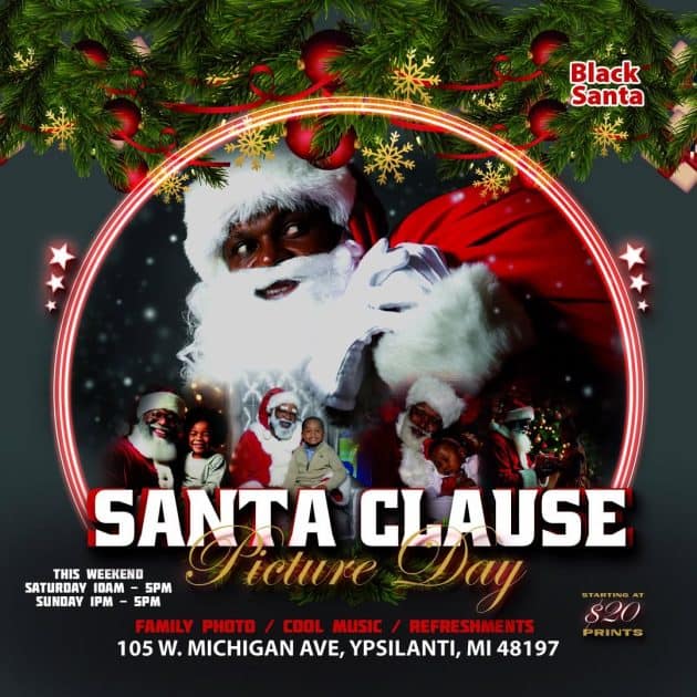 Black Santa - Santa Clause Picture Day - This Weekend Saturday 10a-5p. Sunday 1p-5p. Family Photo/Cool Music/Refreshments - 105 W Michigan Ave, Ypsilanti, MI 48197 - Starting at $20 Prints
Large photo of Black Santa carrying a red sack and smaller images of a black Santa with a child