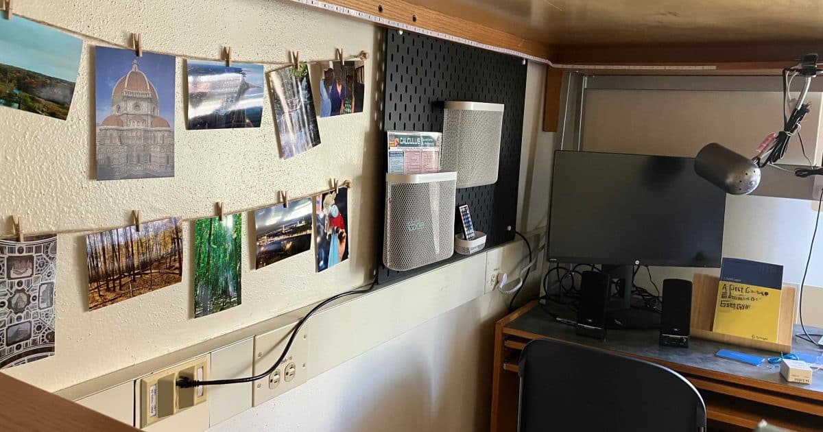 Under loft bed at UM. With picture strings and peg board